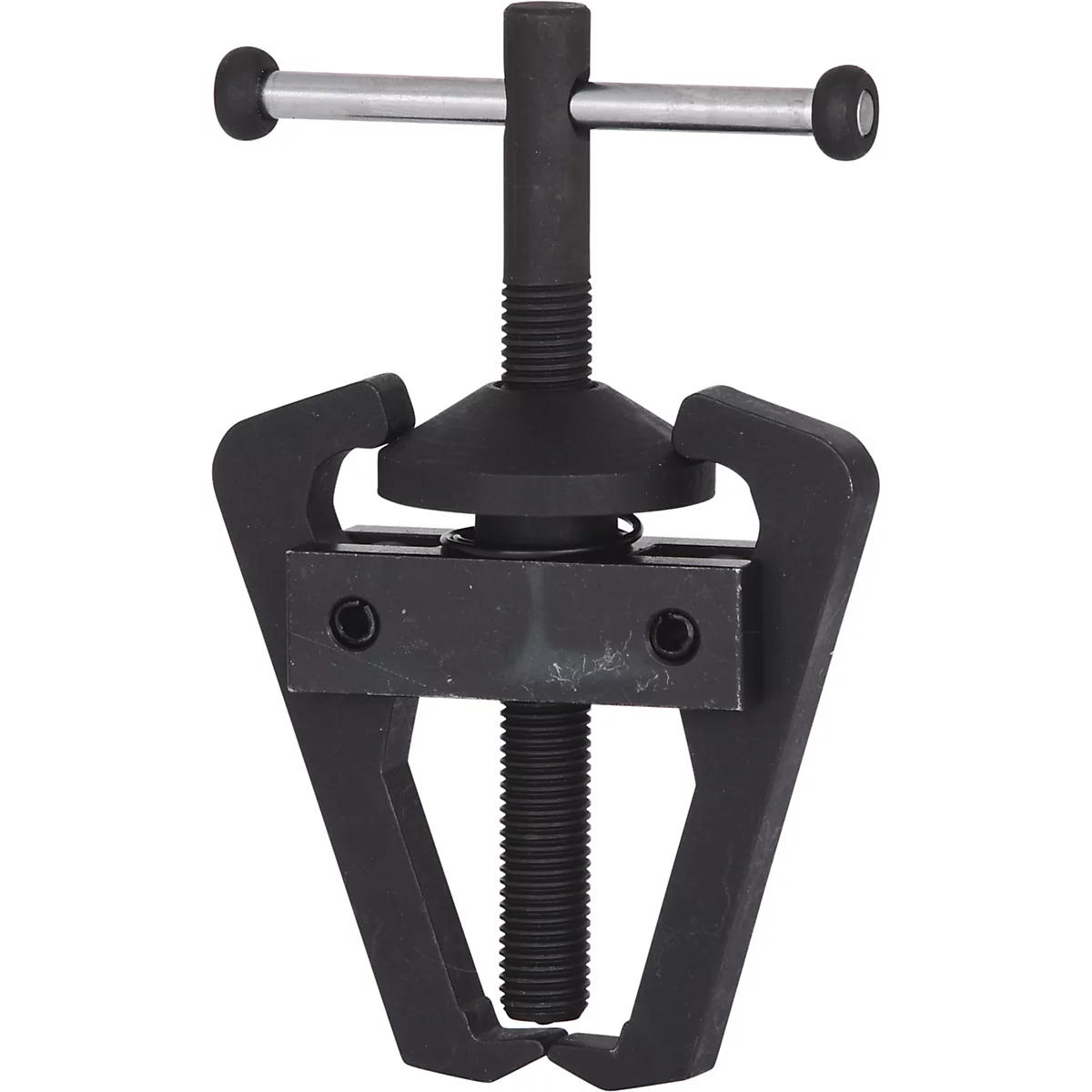 Dunkelschwarzer Abzieher, Detailansicht. Werkzeug mit zwei Greifarmen und einer zentralen Spindel.